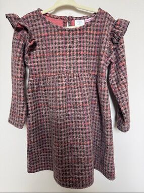 Zara Girls Pink and Gray Houndstooth Ruffle-Shoulder Dress